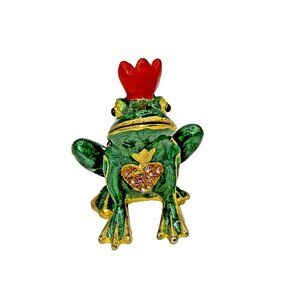 Frog Prince King Green Enamel Bejeweled Trinket Box Magnetic Lid Pink Rhinestone